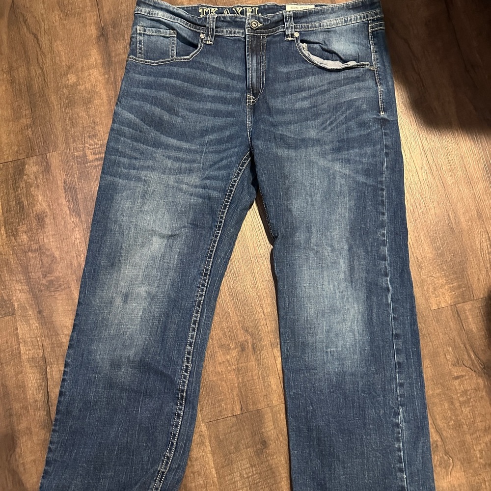 TK Axle 40x30  Slim Boot Jeans Blue Denim Pants Faded EATON Embroide